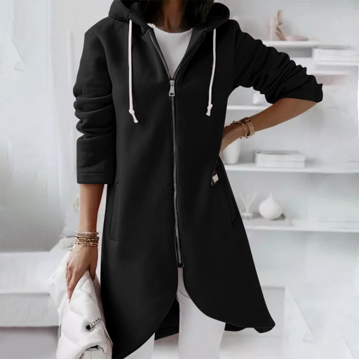 Long women's hoodie with zipper & hood – figure-flattering