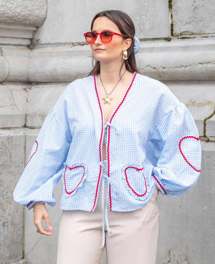 Women's Gingham Blouse – Loose Fit with Ruffles & Bow