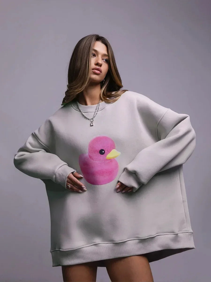 Women's Casual Oversized Hoodie with Yellow Duck Print