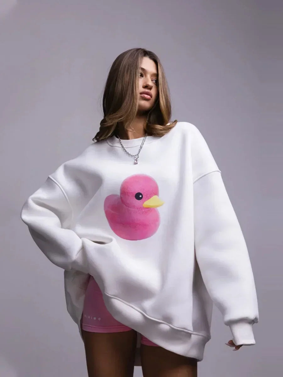 Women's Casual Oversized Hoodie with Yellow Duck Print