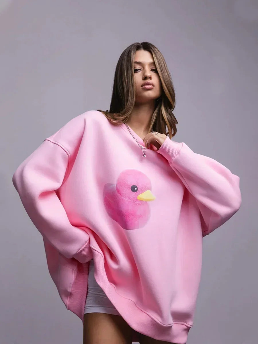 Women's Casual Oversized Hoodie with Yellow Duck Print