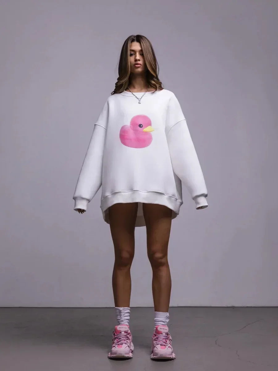 Women's Casual Oversized Hoodie with Yellow Duck Print