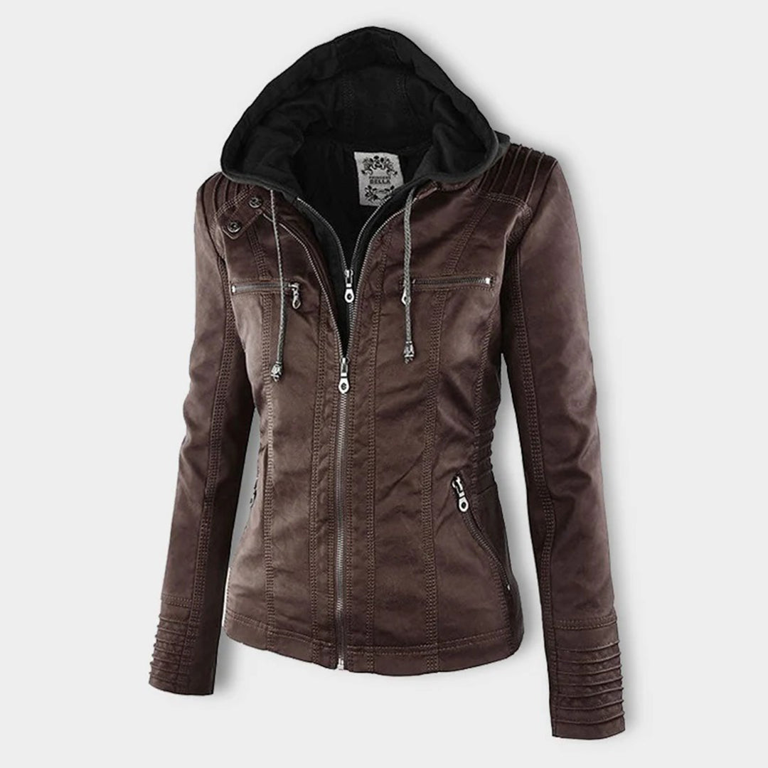 Damen Wetterfeste Lederjacke Mit Kapuze – Wasserdichter Stylischer Mantel