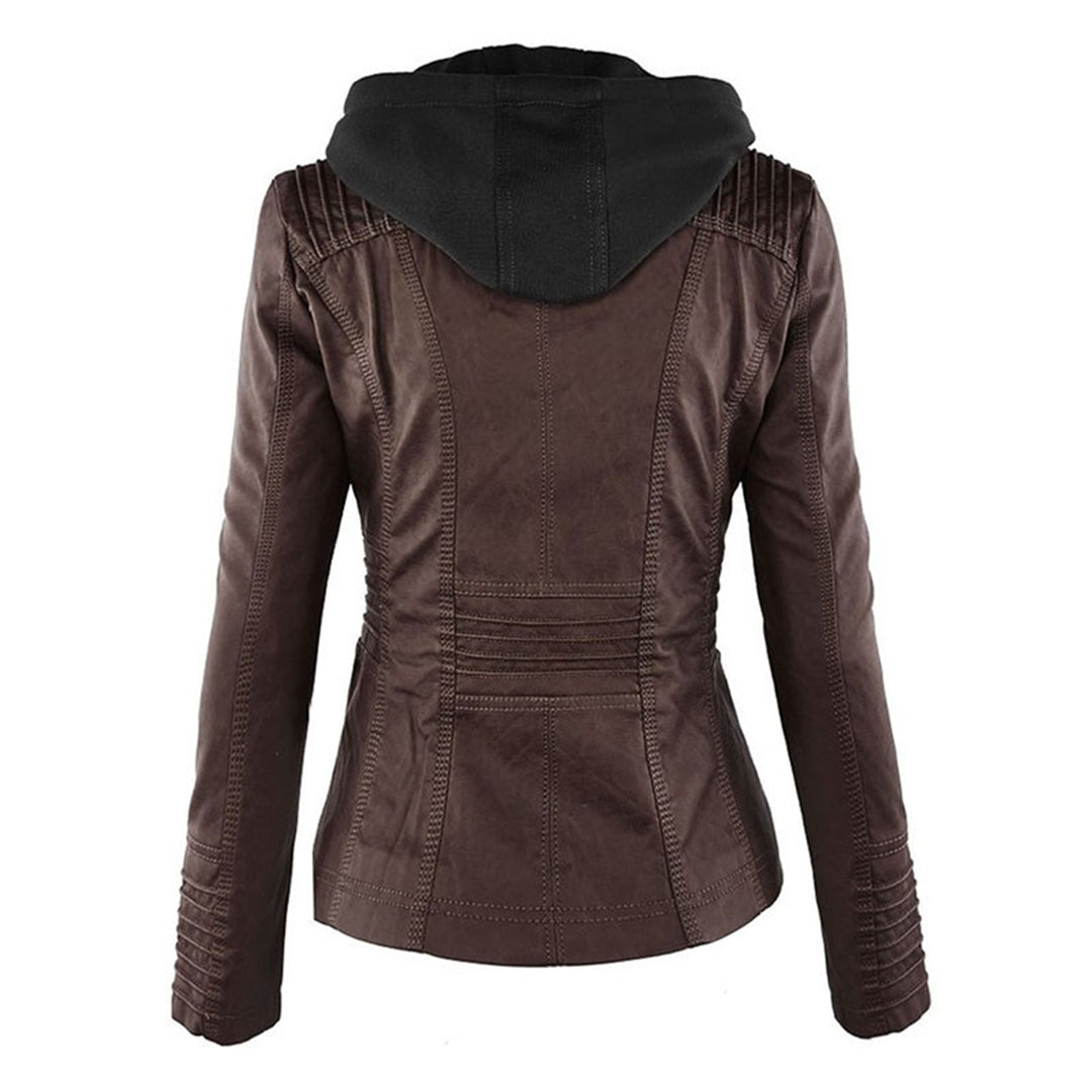Damen Wetterfeste Lederjacke Mit Kapuze – Wasserdichter Stylischer Mantel