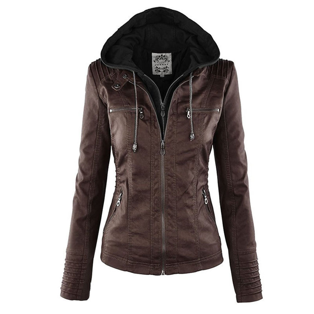 Damen Wetterfeste Lederjacke Mit Kapuze – Wasserdichter Stylischer Mantel