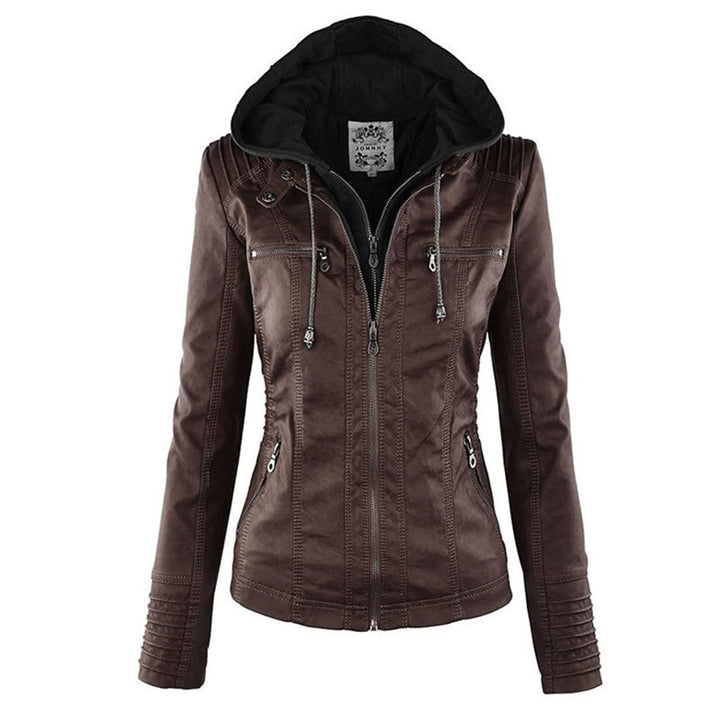 Damen Wetterfeste Lederjacke Mit Kapuze – Wasserdichter Stylischer Mantel