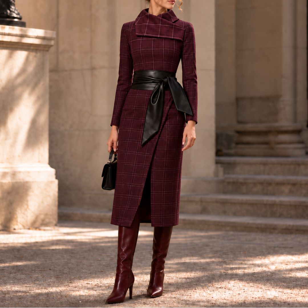 Damen Wickelkleid Struktur-Strick Midi