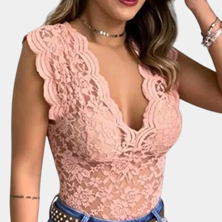 Women's lace bodysuit with deep V-neckline and mesh insert