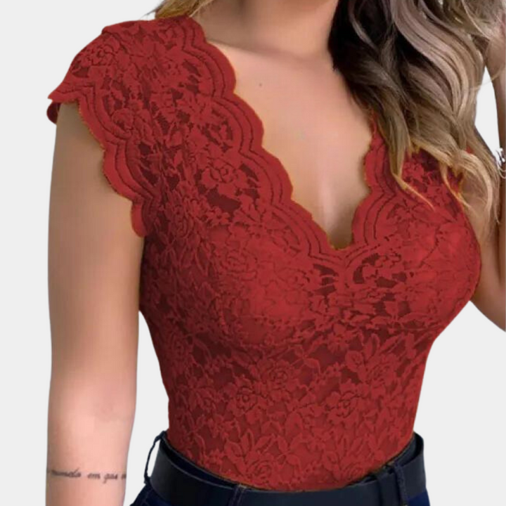 Women's lace bodysuit with deep V-neckline and mesh insert