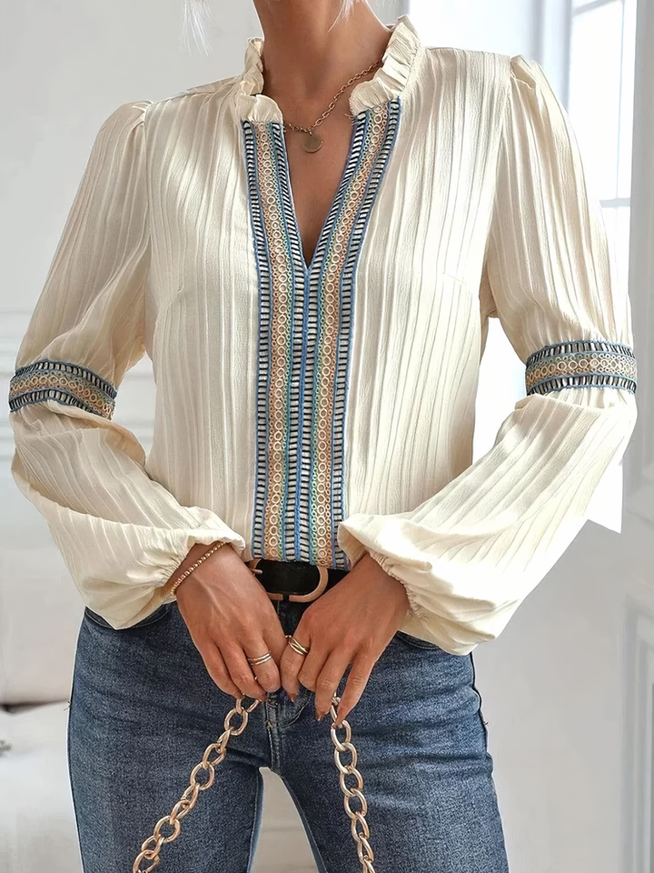 Women's lace blouse with ruffles, V-neck & puff sleeves