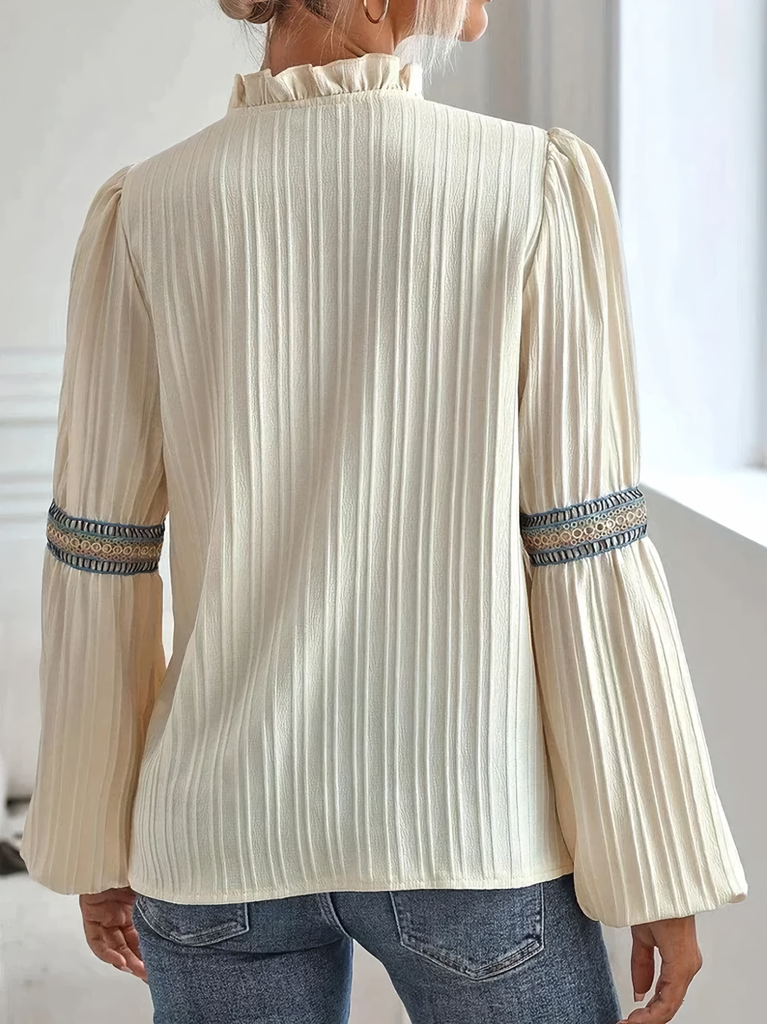 Women's lace blouse with ruffles, V-neck & puff sleeves