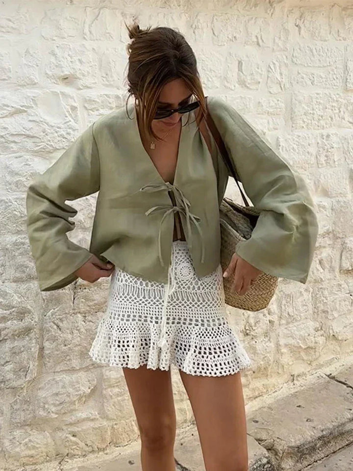 Women's satin wrap blouse with tie – Elegant crossover front
