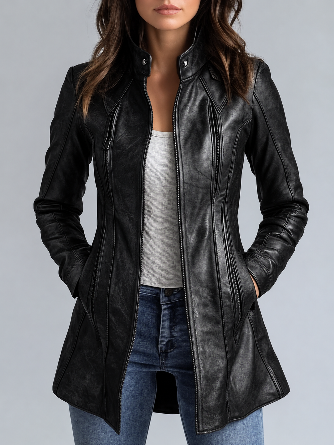 Women's Vintage Faux Leather Jacket with Stand-up Collar Hip-length – Biker