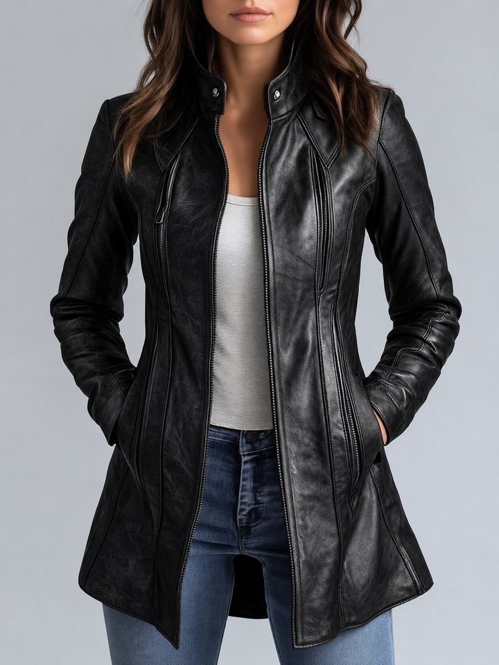 Women's Vintage Faux Leather Jacket with Stand-up Collar Hip-length – Biker