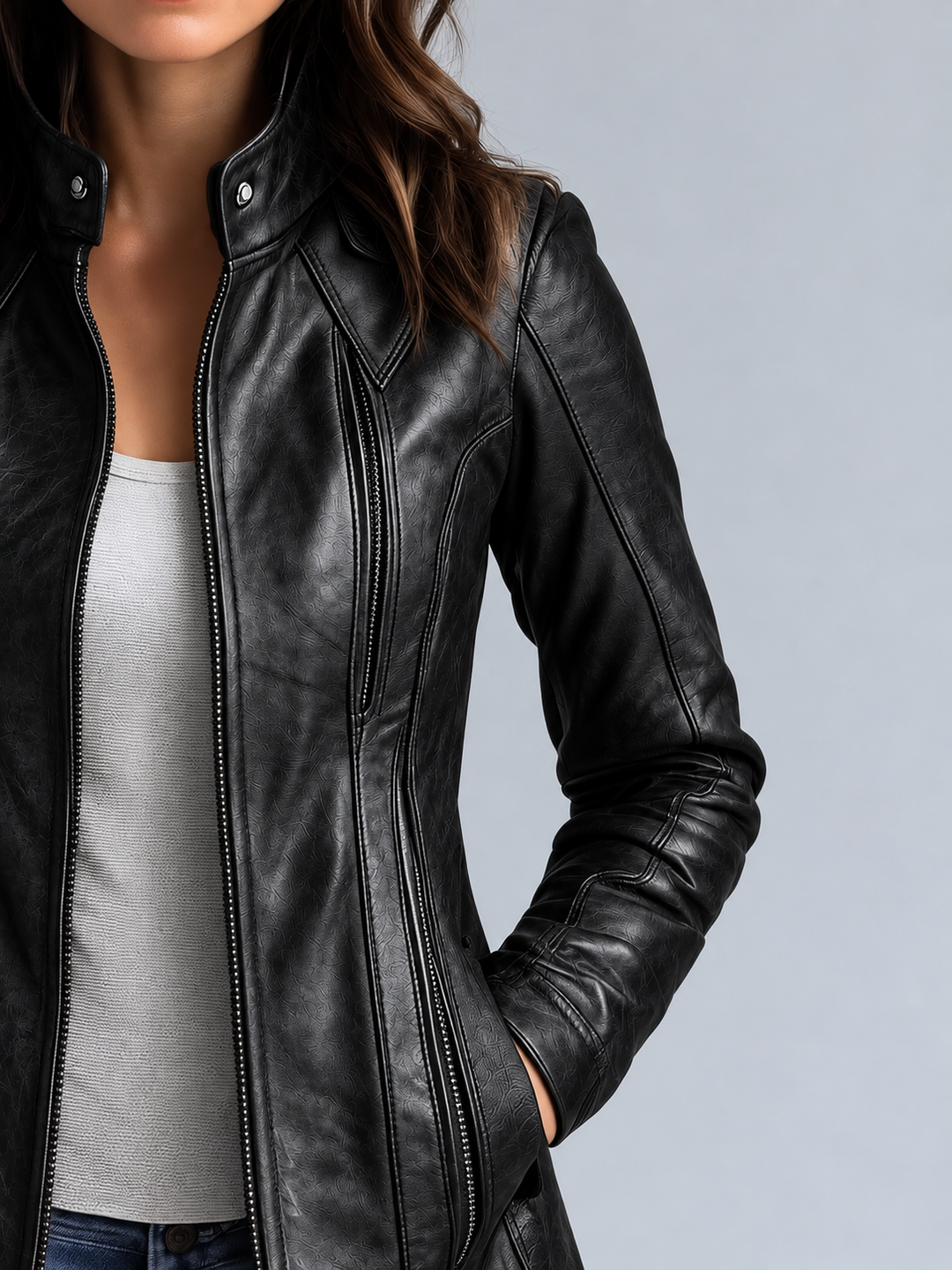 Women's Vintage Faux Leather Jacket with Stand-up Collar Hip-length – Biker