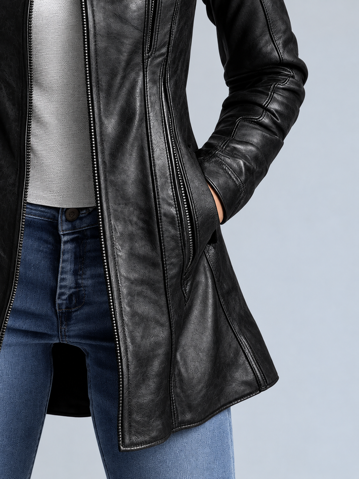 Women's Vintage Faux Leather Jacket with Stand-up Collar Hip-length – Biker