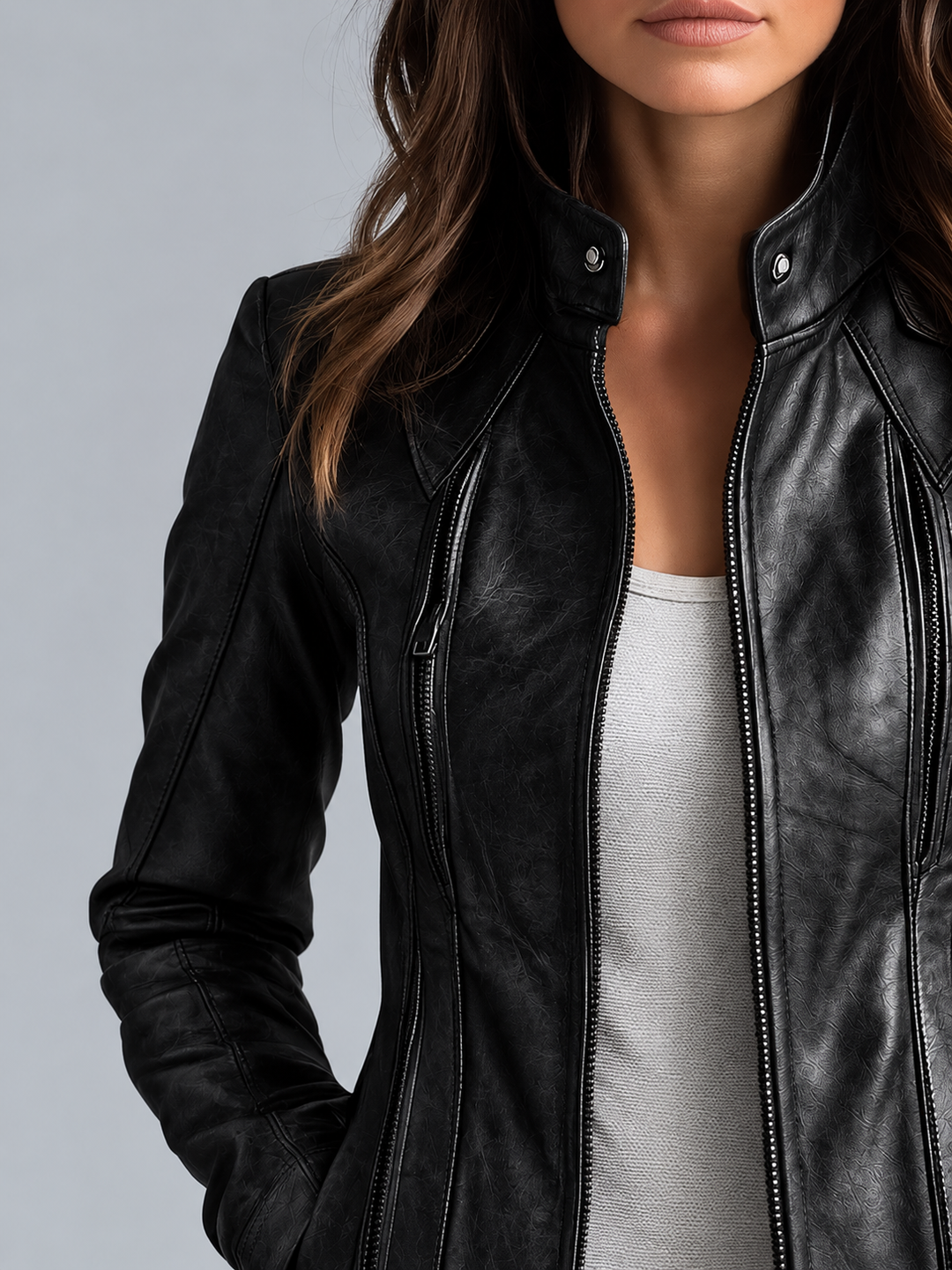 Women's Vintage Faux Leather Jacket with Stand-up Collar Hip-length – Biker