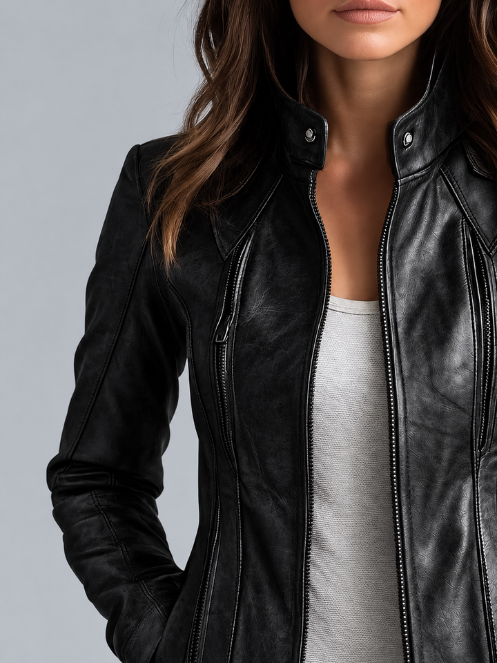 Women's Vintage Faux Leather Jacket with Stand-up Collar Hip-length – Biker