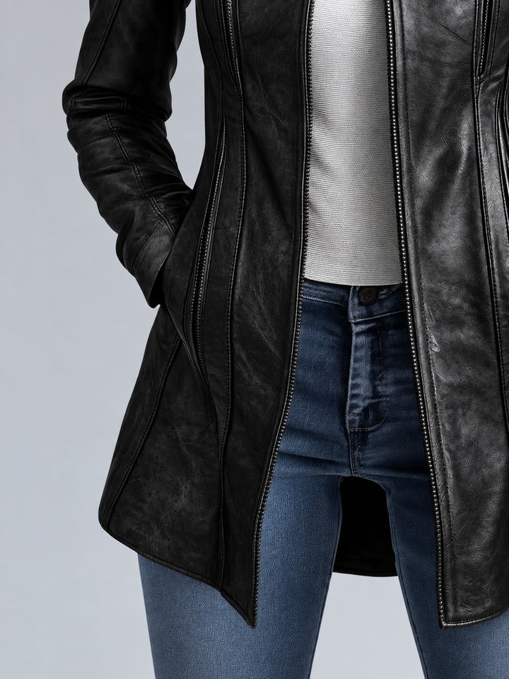Women's Vintage Faux Leather Jacket with Stand-up Collar Hip-length – Biker