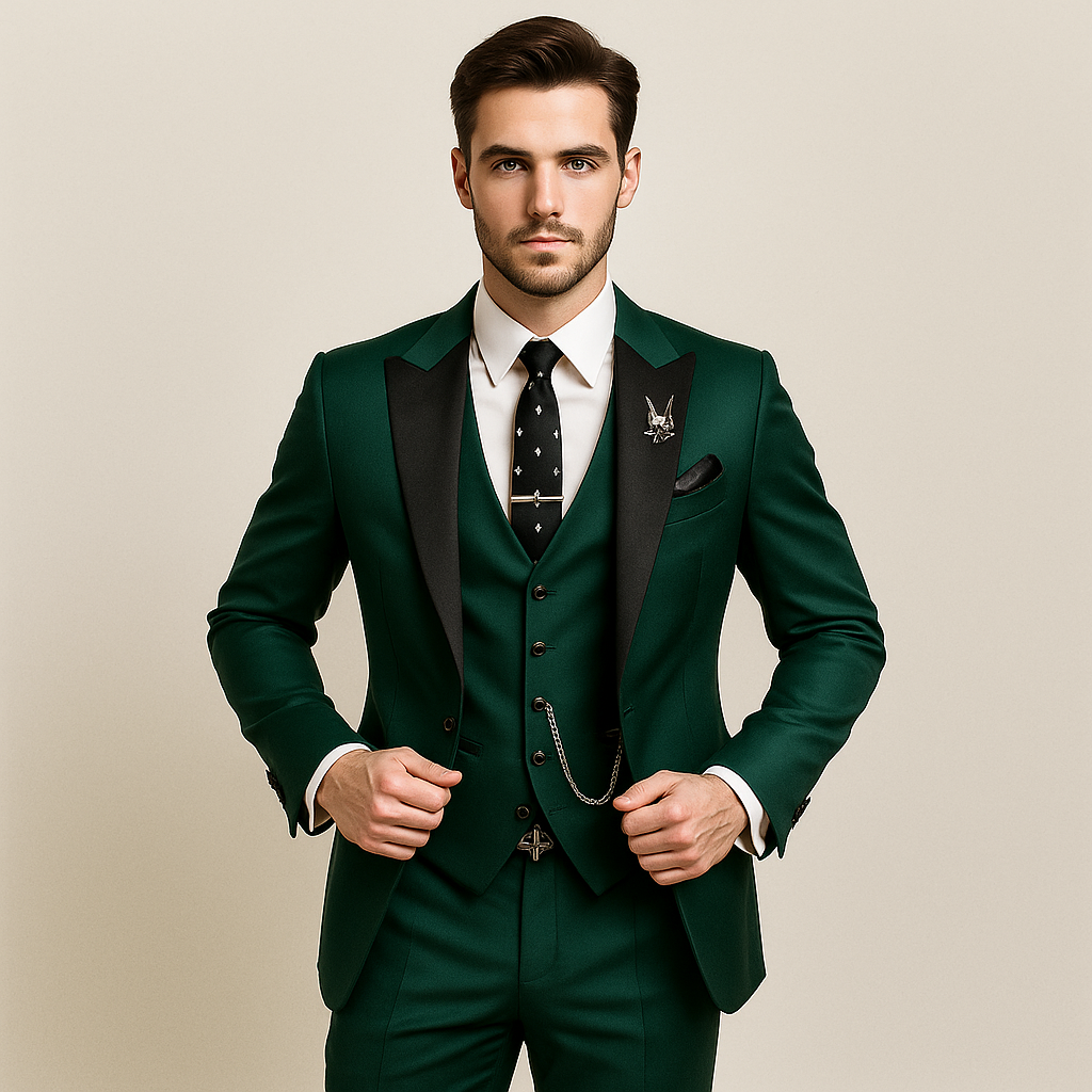 Three-piece men's suit in slim fit – elegant vest with satin lapels for formal weddings