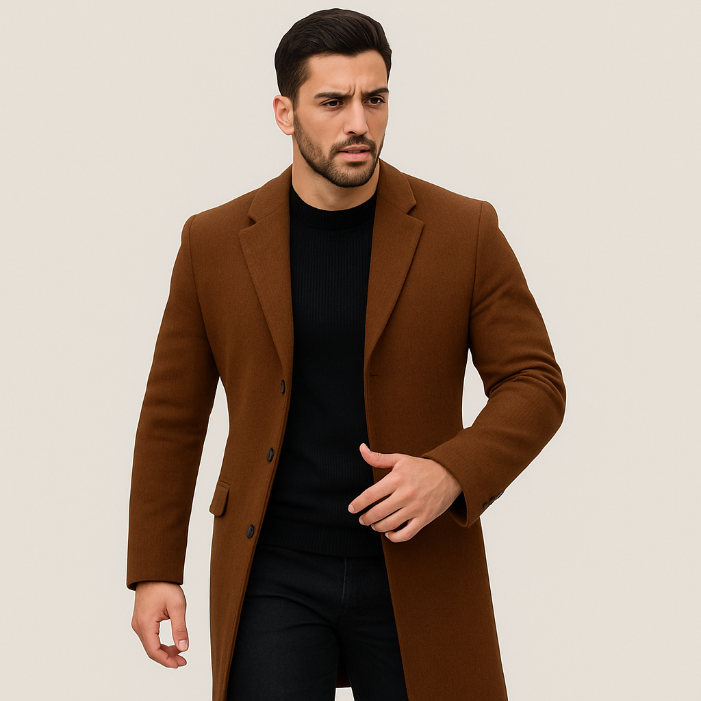 Abrigo largo elegante de hombre, con cuello clásico y botonadura