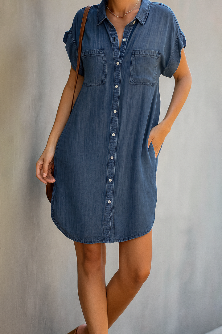 Maxi Jeanskleid Damen – Sommer Kleid mit Knopfleiste & Brusttaschen