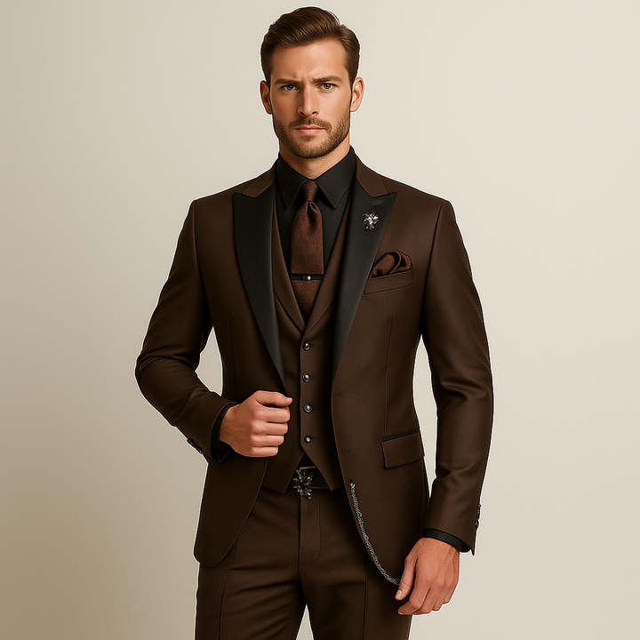 Three-piece men's suit in slim fit – elegant vest with satin lapels for formal weddings