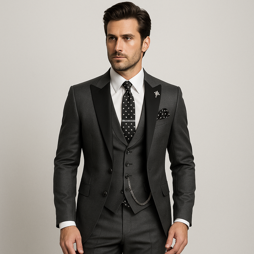 Three-piece men's suit in slim fit – elegant vest with satin lapels for formal weddings