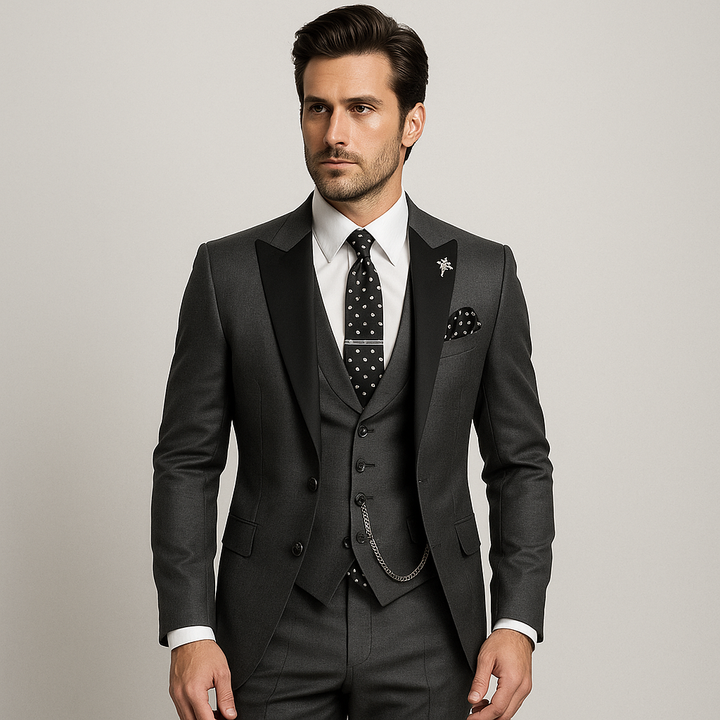 Three-piece men's suit in slim fit – elegant vest with satin lapels for formal weddings