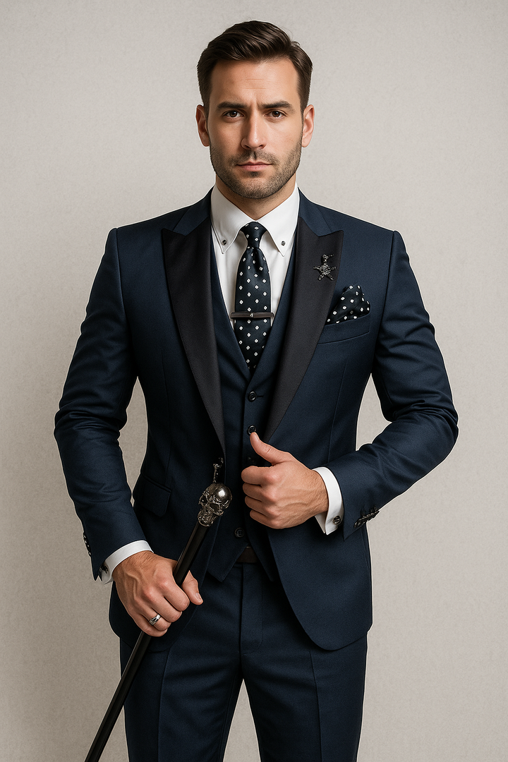 Three-piece men's suit in slim fit – elegant vest with satin lapels for formal weddings