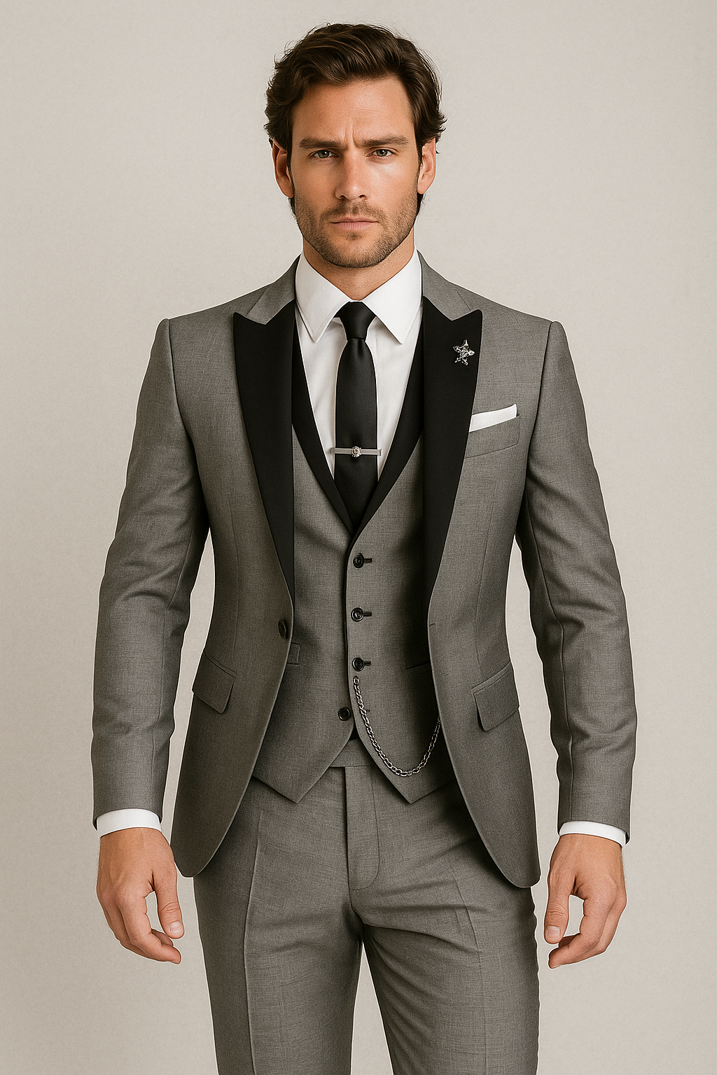 Three-piece men's suit in slim fit – elegant vest with satin lapels for formal weddings