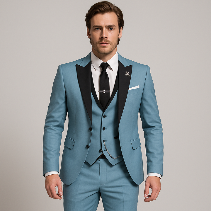 Three-piece men's suit in slim fit – elegant vest with satin lapels for formal weddings