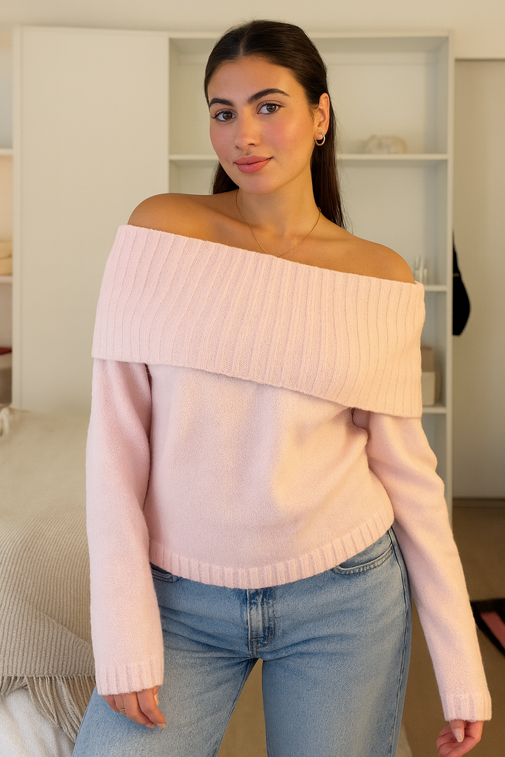 Women's Sweater Off-Shoulder Knit Elegant Design with Ribbed Texture