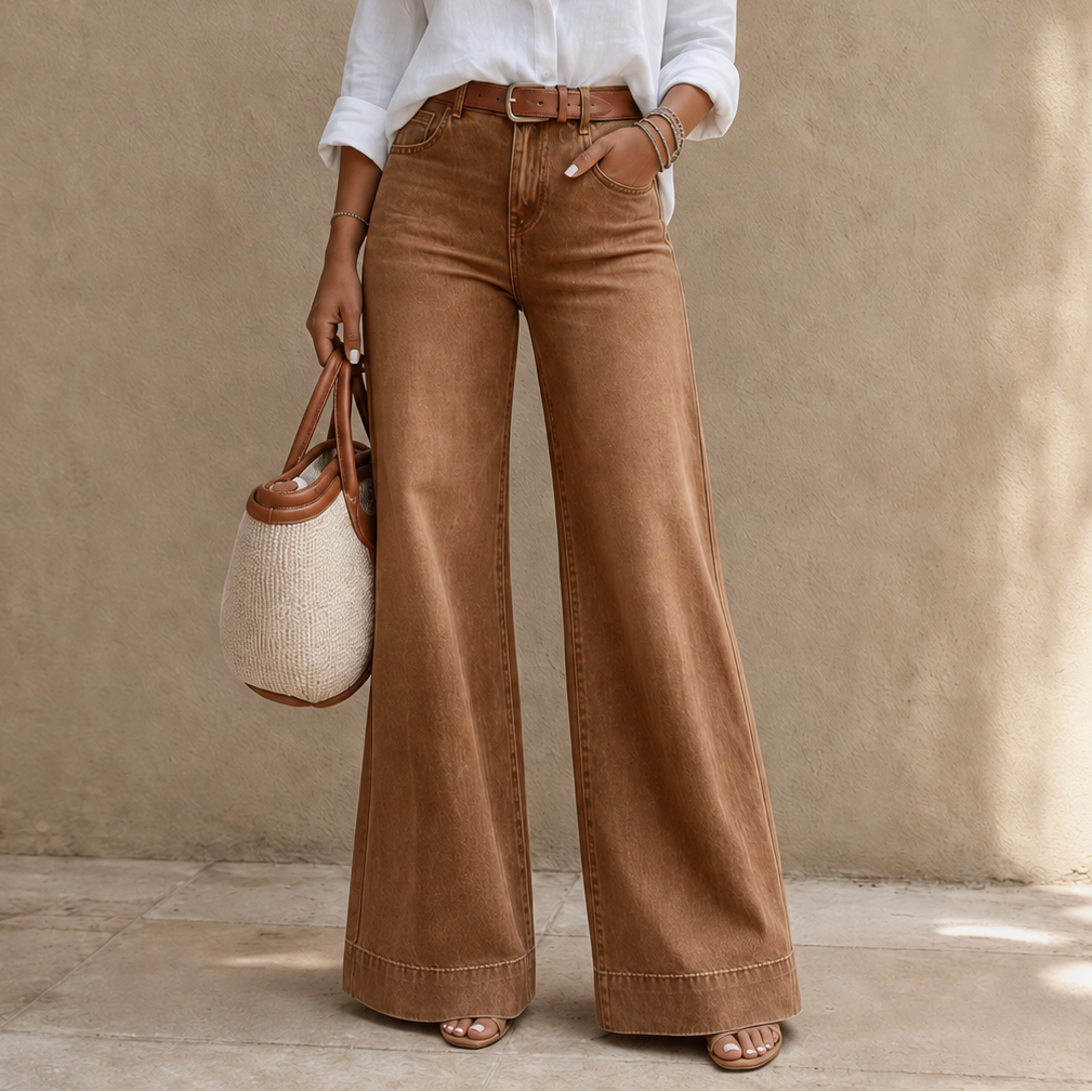 Damen Weite Jeans Hohe Taille Lang Vintage Waschung