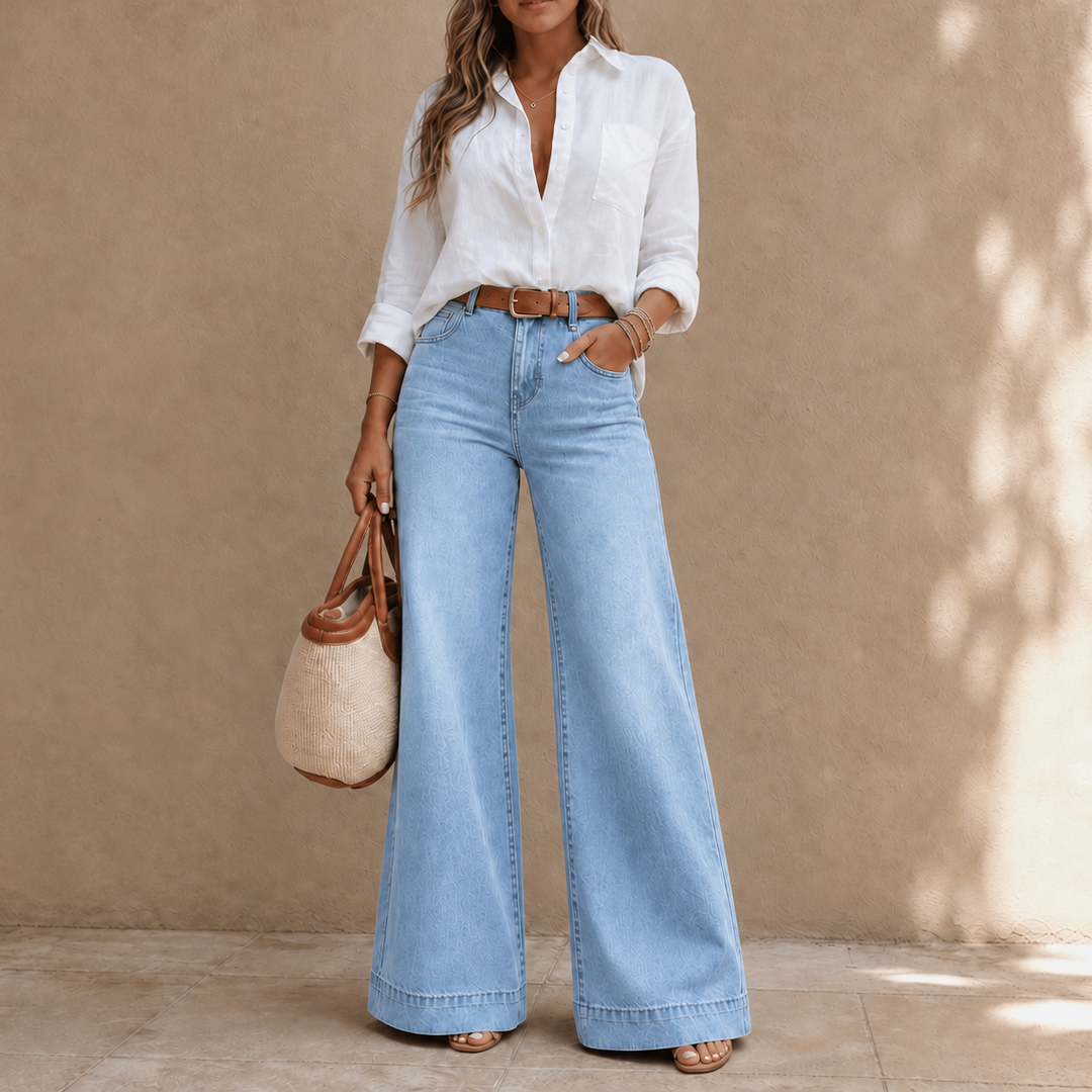 Damen Weite Jeans Hohe Taille Lang Vintage Waschung
