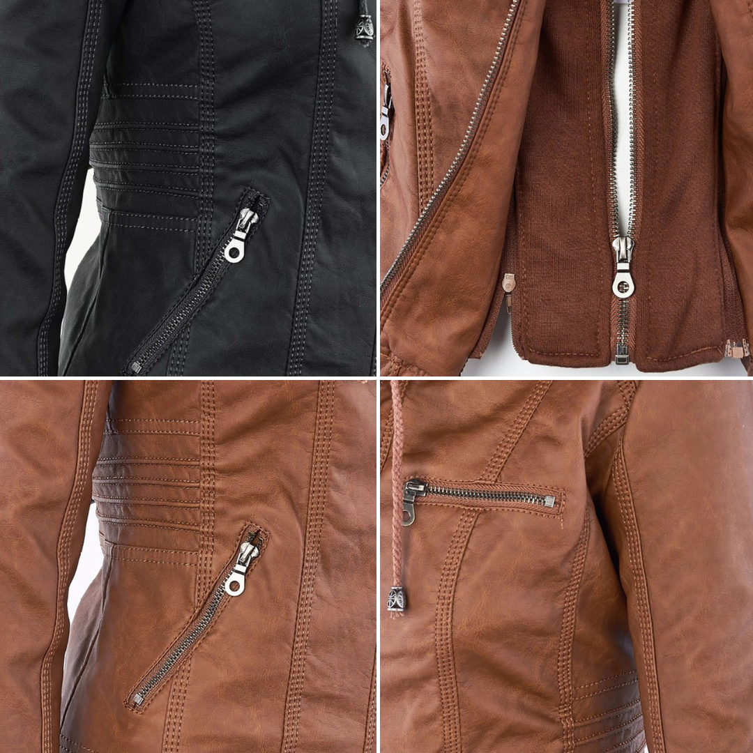 Damen Wetterfeste Lederjacke Mit Kapuze – Wasserdichter Stylischer Mantel