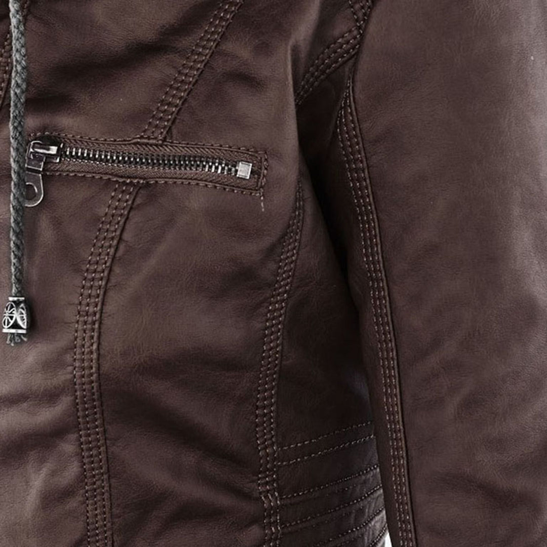 Damen Wetterfeste Lederjacke Mit Kapuze – Wasserdichter Stylischer Mantel