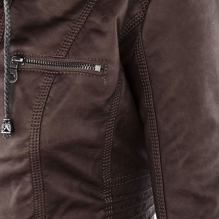 Damen Wetterfeste Lederjacke Mit Kapuze – Wasserdichter Stylischer Mantel