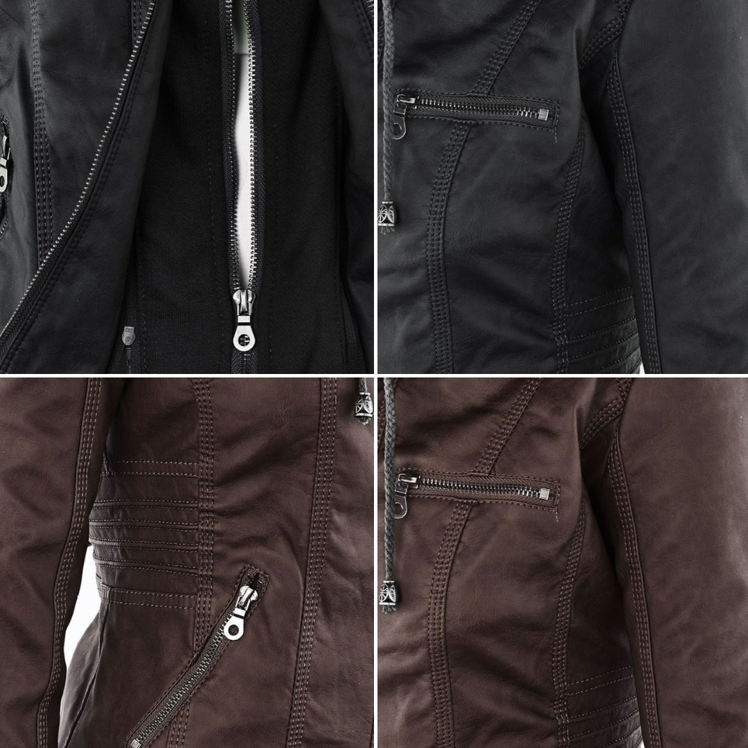 Damen Wetterfeste Lederjacke Mit Kapuze – Wasserdichter Stylischer Mantel