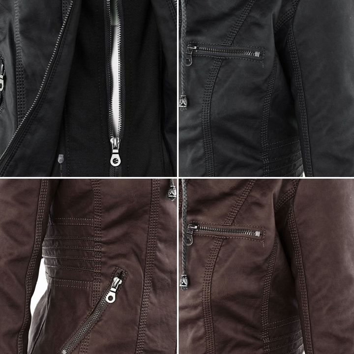 Damen Wetterfeste Lederjacke Mit Kapuze – Wasserdichter Stylischer Mantel