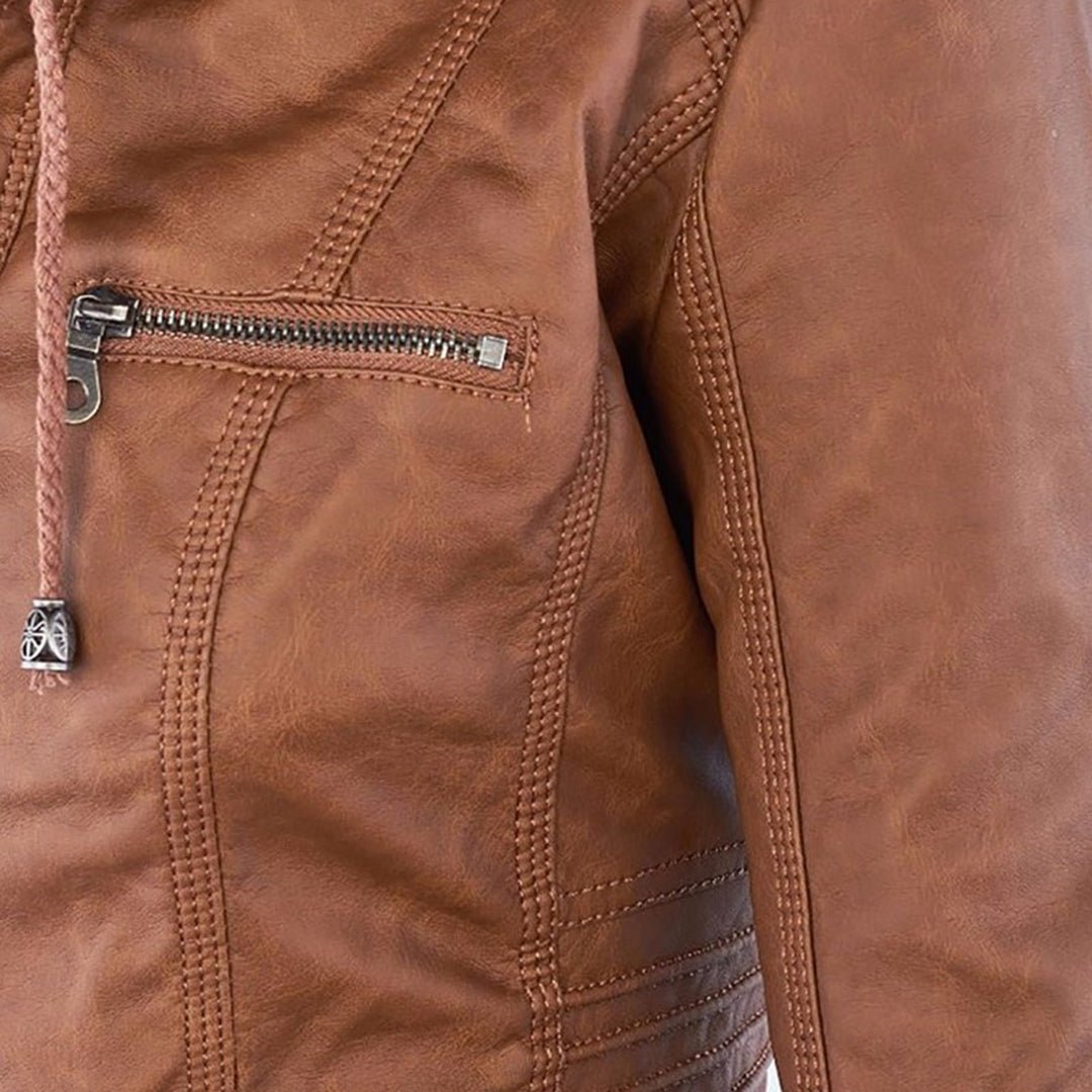 Damen Wetterfeste Lederjacke Mit Kapuze – Wasserdichter Stylischer Mantel