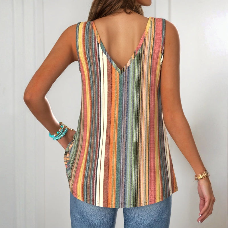 Women's V-Neck Colorful Striped Tank Top – Lightweight Summer Top