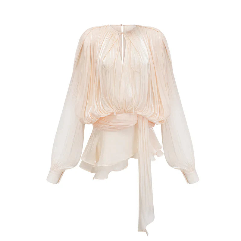 Elegant mini dress for summer – puff sleeves & waist belt, apricot