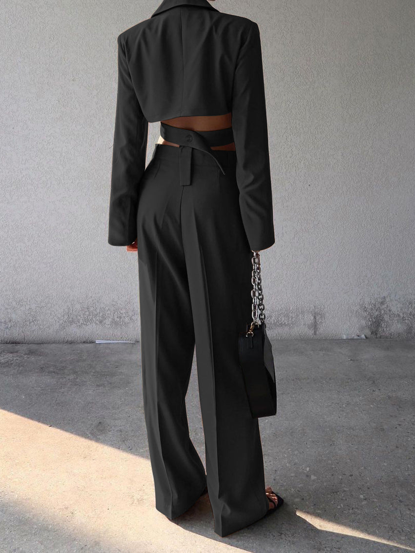 Women's Suit Set Cropped Blazer and Wide Pants High-Quality Fabric