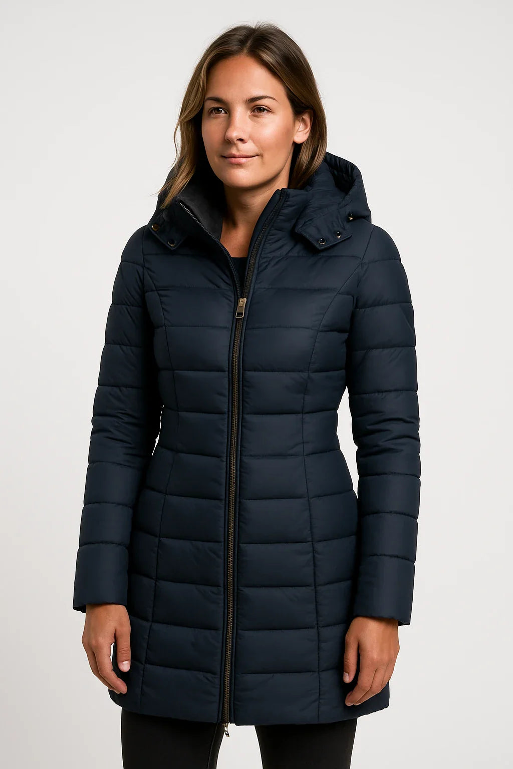 Damen Beige Mittellanger Gesteppter Puffer-Kapuzenmantel in einem Weichen Materialmix 0