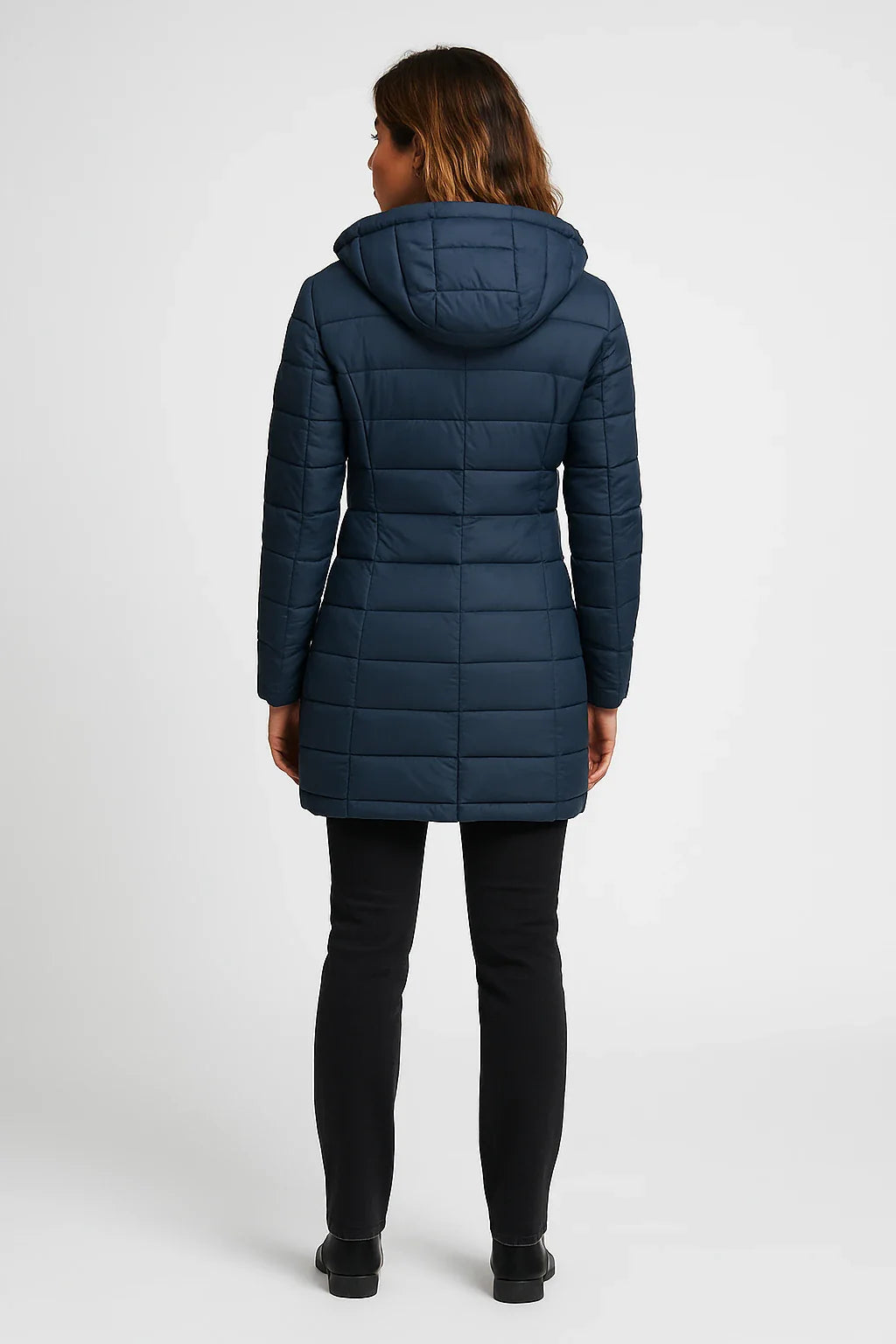 Damen Beige Mittellanger Gesteppter Puffer-Kapuzenmantel in einem Weichen Materialmix 2