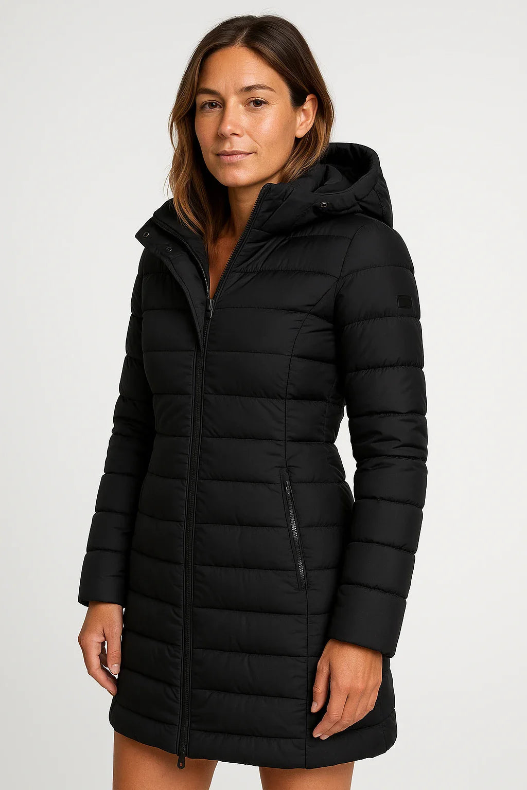 Damen Beige Mittellanger Gesteppter Puffer-Kapuzenmantel in einem Weichen Materialmix 6