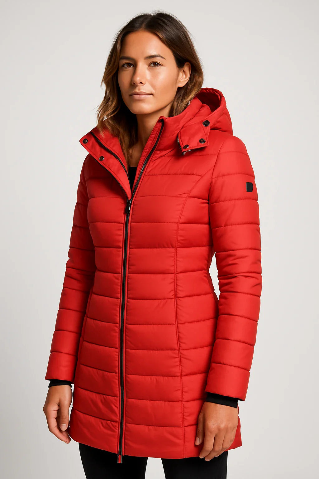 Damen Beige Mittellanger Gesteppter Puffer-Kapuzenmantel in einem Weichen Materialmix 7