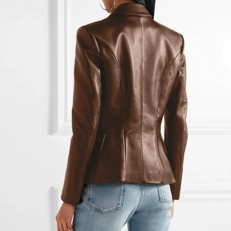 Women's Blazer Vegan Leather With Buttons – Elegant Black Blazer for Versatile Outfits