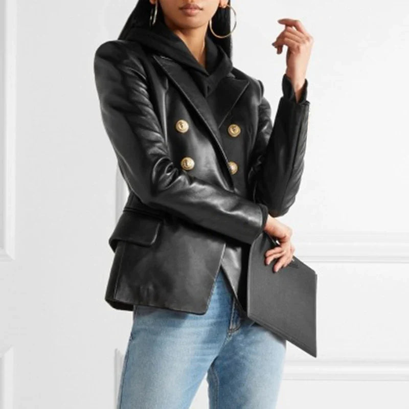 Women's Blazer Vegan Leather With Buttons – Elegant Black Blazer for Versatile Outfits